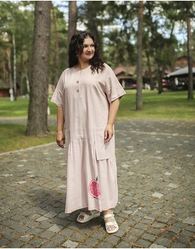А667 Платье лен с карманами "Лаванда" бежево-розовый