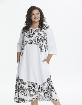А372 Платье комбинированное "Рита" белый принт листья