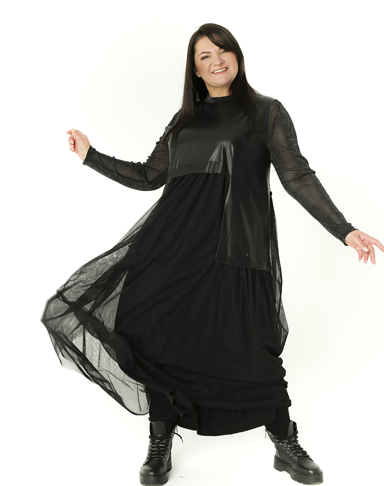А729 Платье-сарафан Моника кожа + сетка черный для женщин большого размера с доставкой по Москве и России
