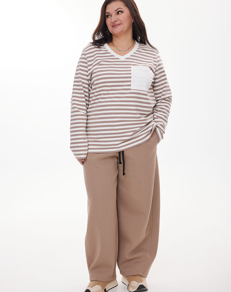 А827 лонгслив Кэли молоко (кофе) принт полоска + молоко для женщин большого размера с доставкой по Москве и России