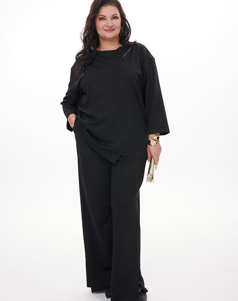 А1149 Брюки Руфус черный (стразы) для женщин большого размера с доставкой по Москве и России