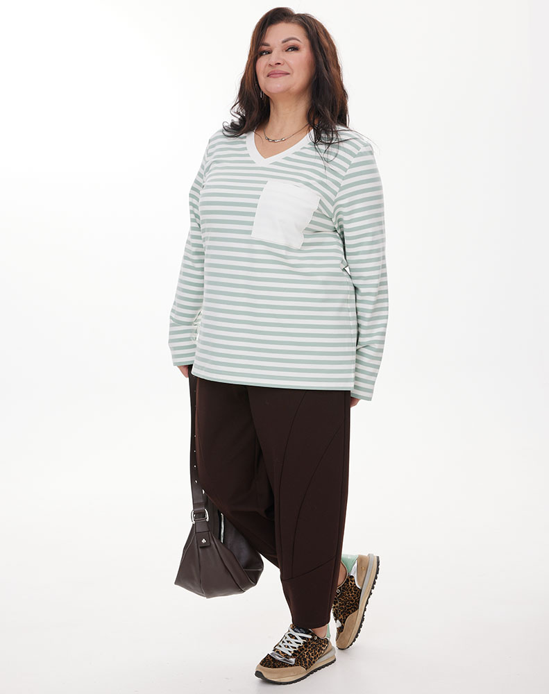 А827 Лонгслив Кэли молоко (мята) принт полоска + молоко для женщин большого размера с доставкой по Москве и России