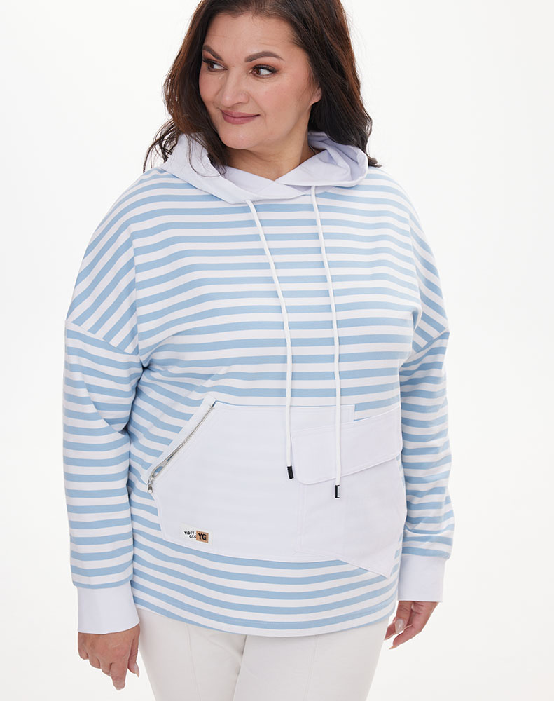 А887 Худи комбинированное Тоита белый (голубой) принт полоска для женщин большого размера с доставкой по Москве и России