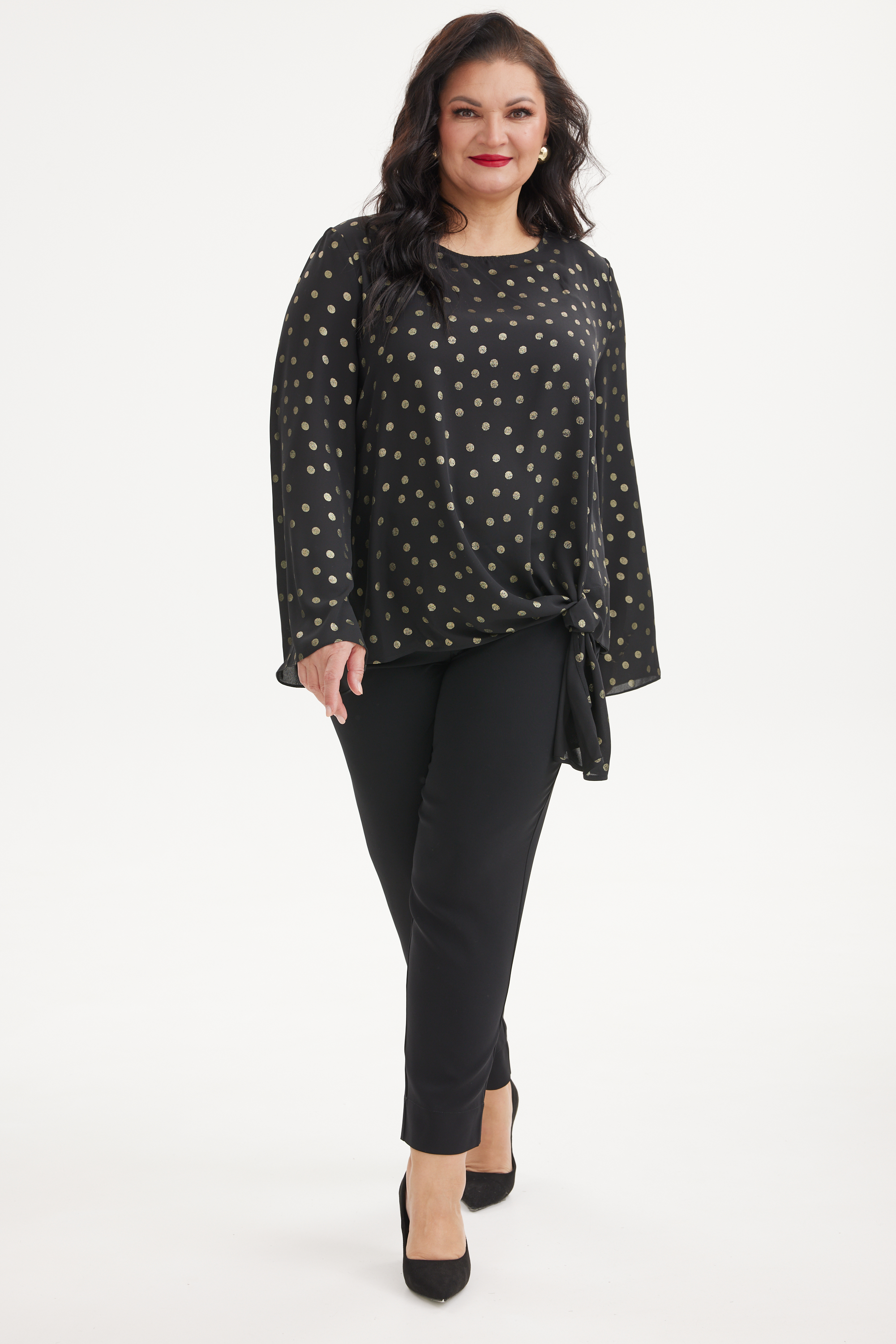 А1145 Блуза Мендос черный принт горох для женщин большого размера с доставкой по Москве и России