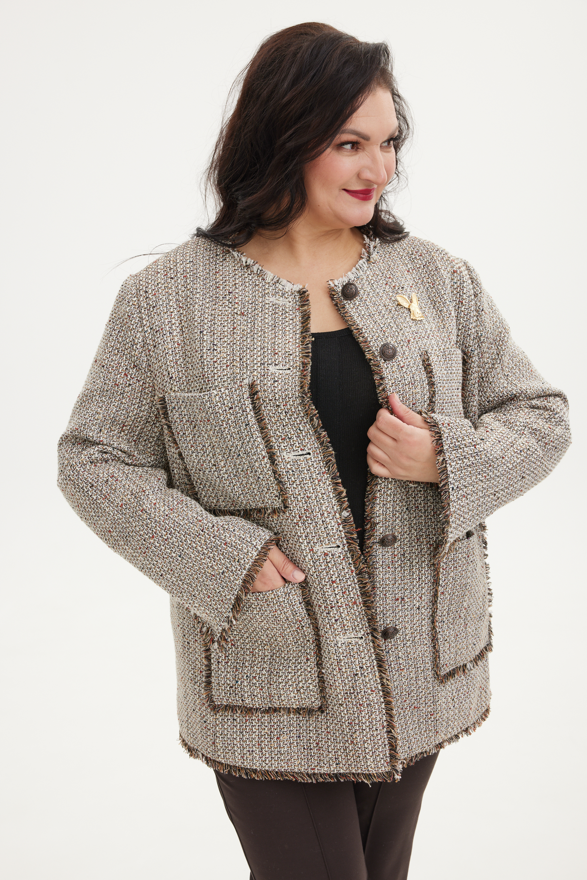 А1144 Жакет Робинс коричневый меланж для женщин большого размера с доставкой по Москве и России