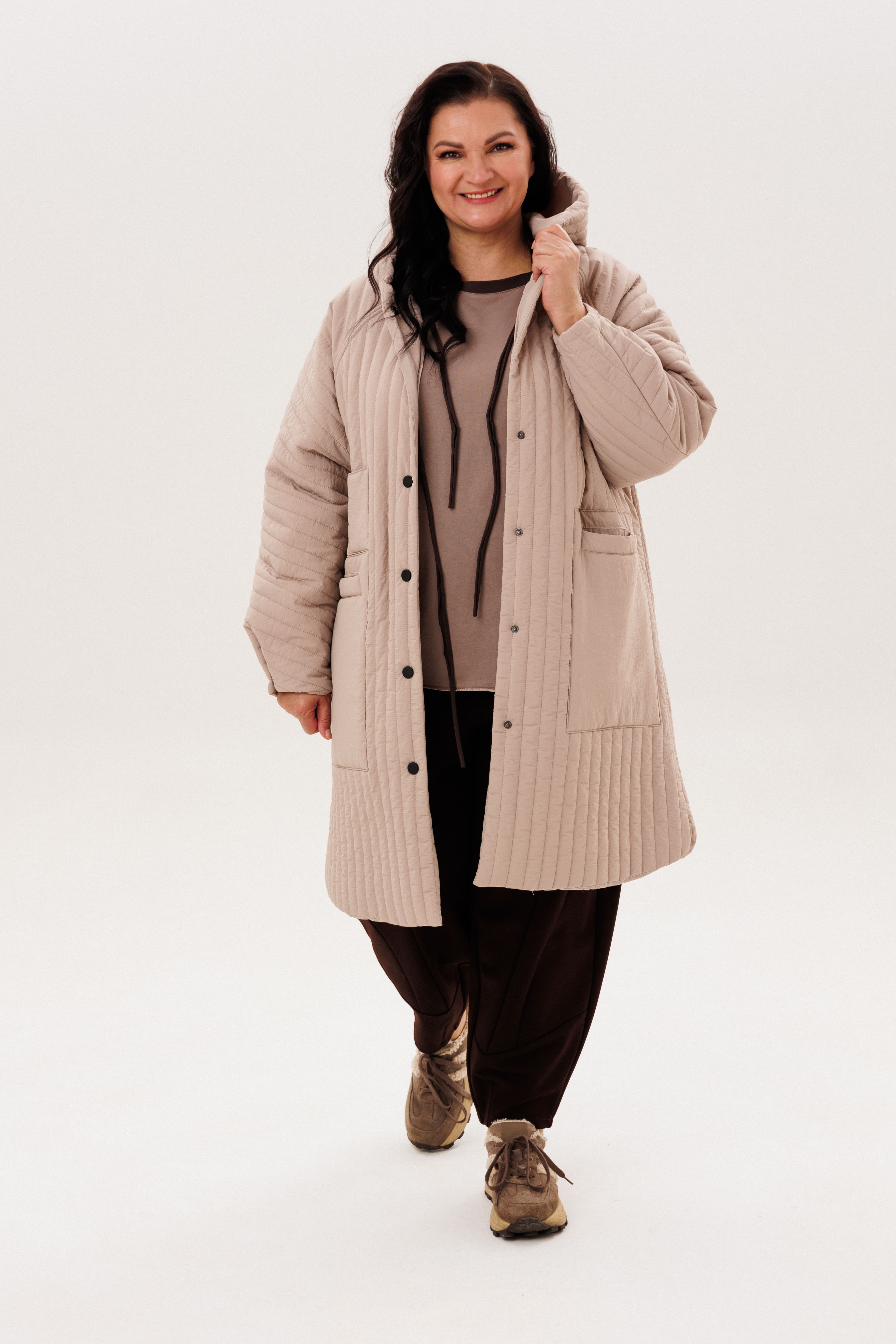 А1033 Пальто Кассия латте С80 для женщин большого размера с доставкой по Москве и России