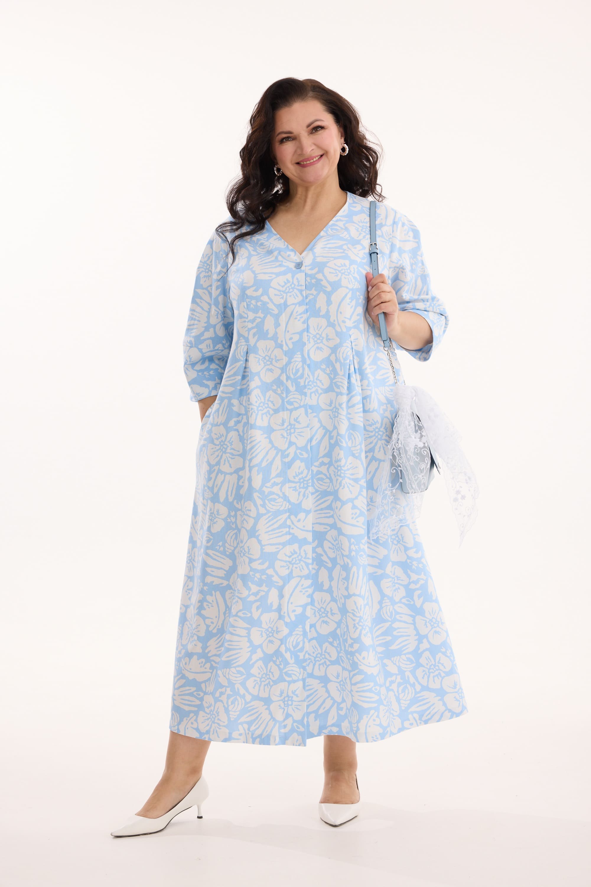 А936/1 Платье Урсула голубой принт цветы для женщин большого размера с доставкой по Москве и России