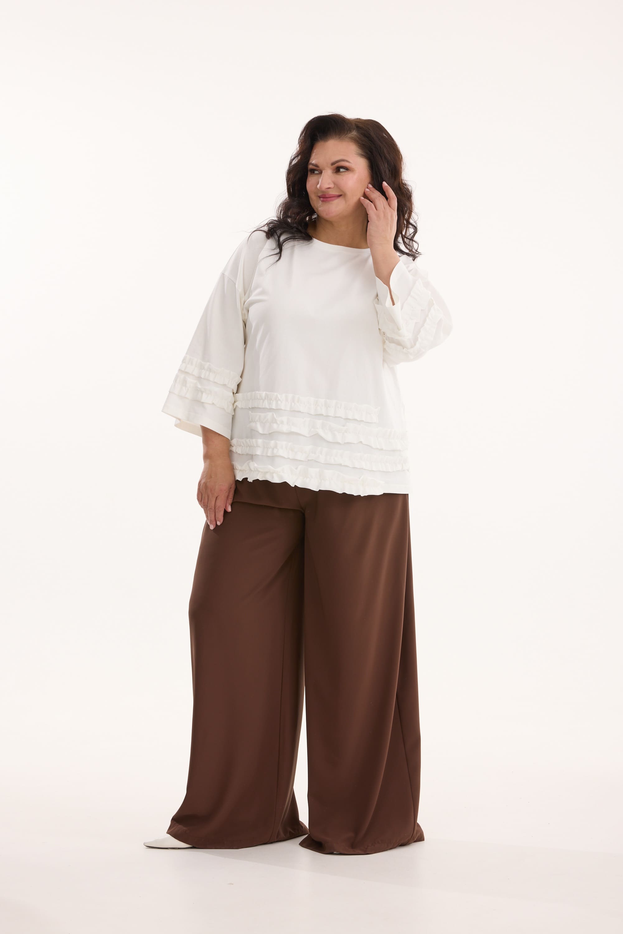 А473/Е Брюки Палаццо шоколадный для женщин большого размера с доставкой по Москве и России